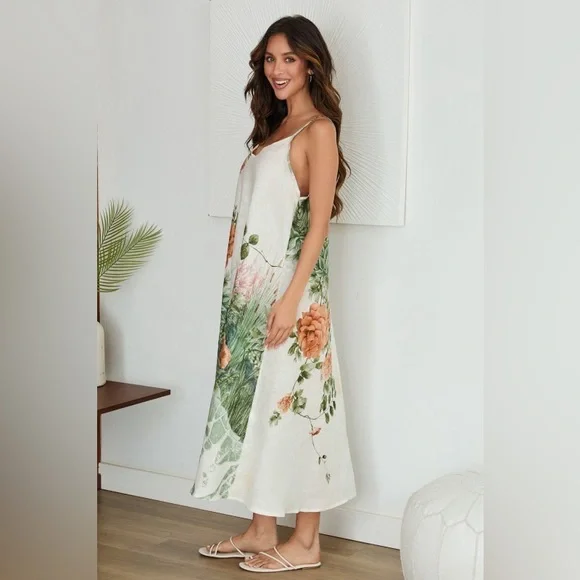 (19190-ROSEPOND) SPAGHETTI STRAP ROSES PRINT LINEN DRESS - Picture 2 of 3